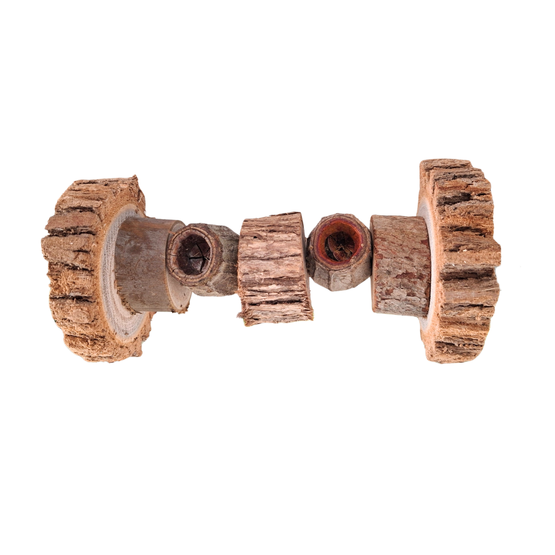 Natural Wooden Dumbbell bird toy with chunky wood slices and gumnuts on a white back ground