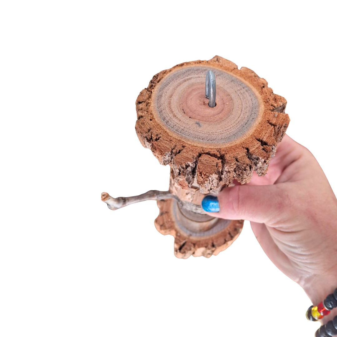 Wooden dumbbell bird toy held in hand showing the top side
