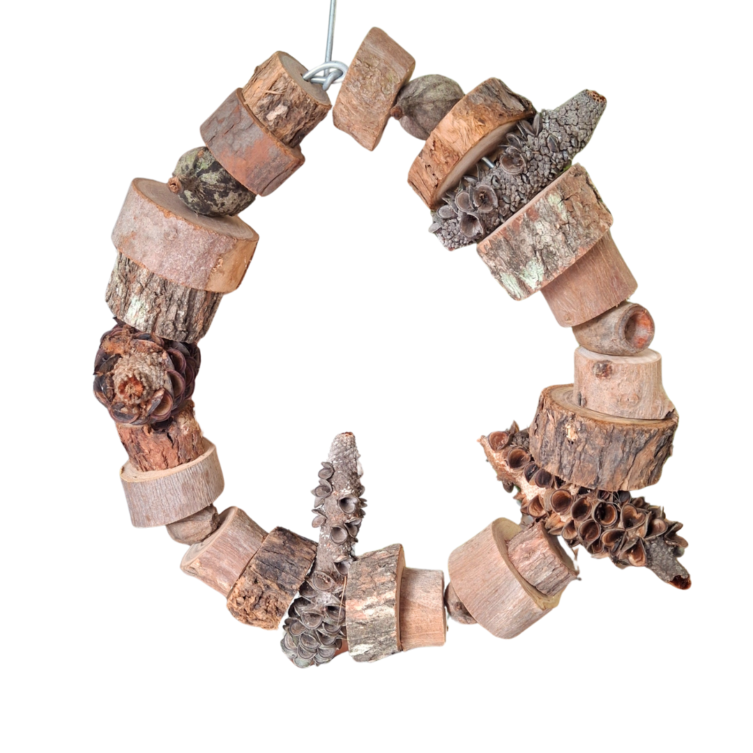 Front View of a Natural Bird Swing with Chunky Wood Slices, Banksia pods and gumnuts