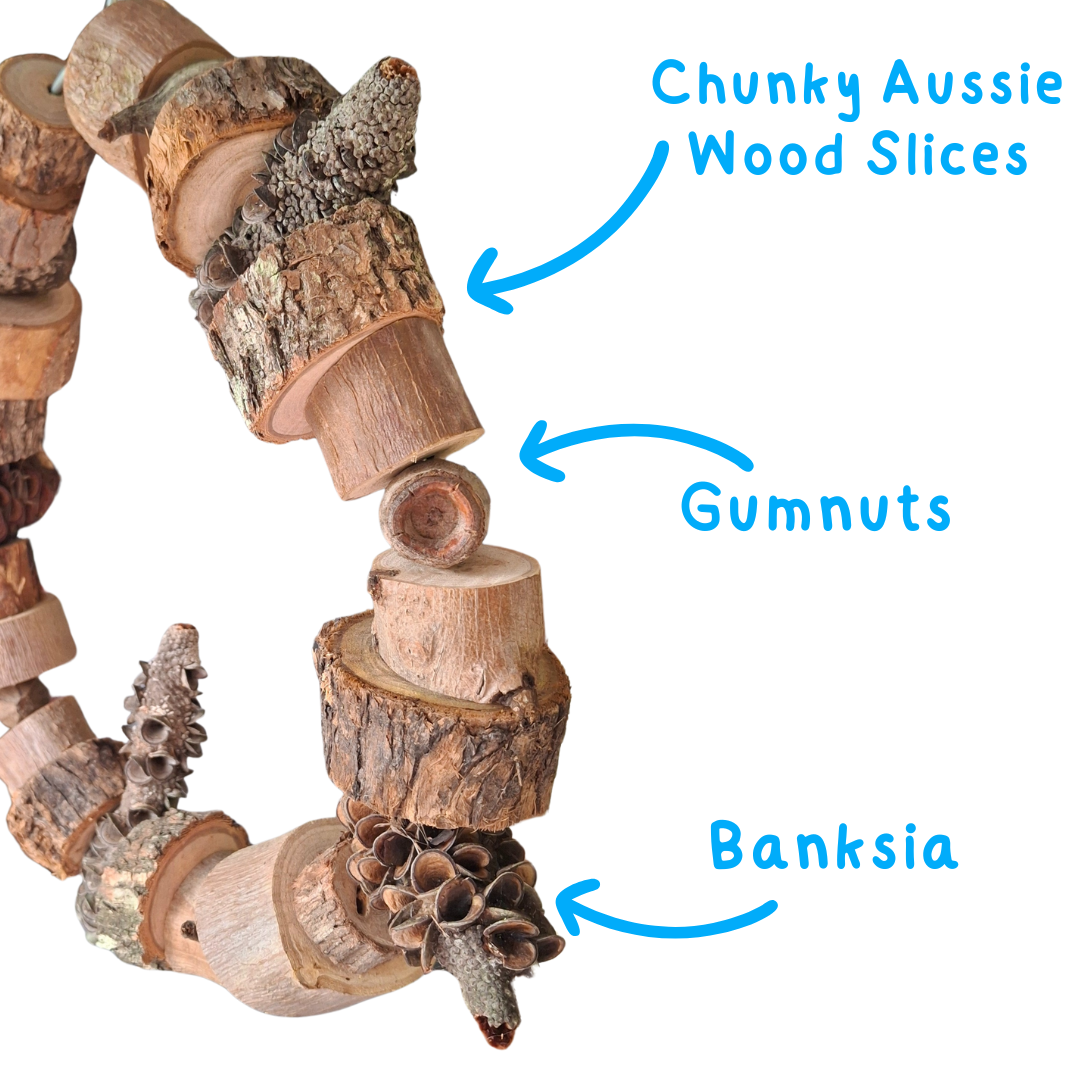 Natural circle bird swing with labels 'Chunky Aussie Wood Slices', 'Gumnuts', and 'Banksia' on a white background.